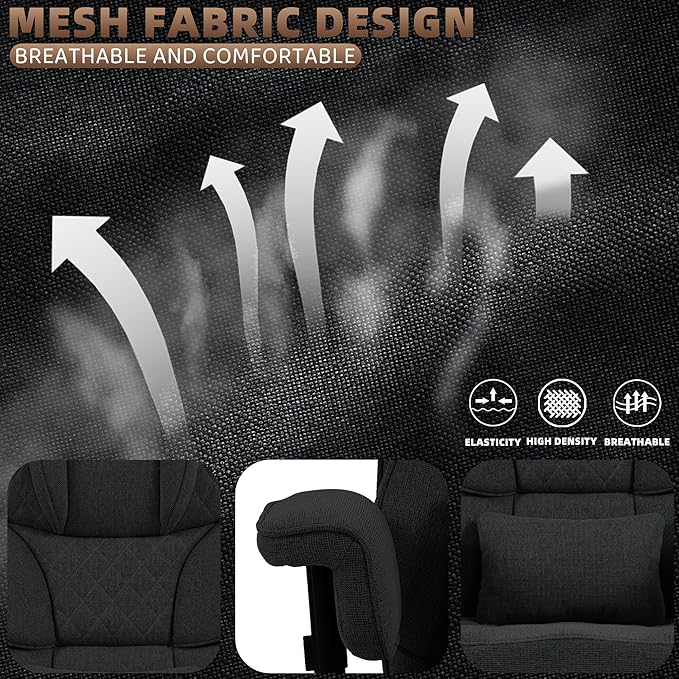Vonesse Big and Tall Office Chair, Computer Chair with Soft Adjustable Armrests, Ergonomic Gaming Chair with Breathable Linen Design, Executive Chairs with Footrest (Linen Fabric,Black)