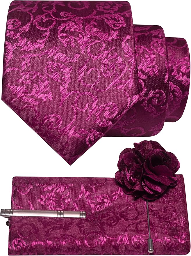 JEMYGINS Mens Floral Tie and Lapel Pin Necktie Pocket Square and Tie Clip with Sets for Business Casual 4PCS