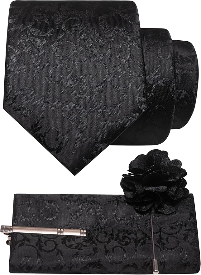 JEMYGINS Mens Floral Tie and Lapel Pin Necktie Pocket Square and Tie Clip with Sets for Business Casual 4PCS