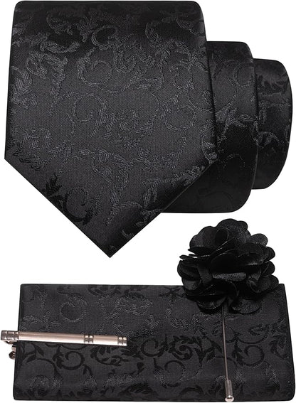 JEMYGINS Mens Floral Tie and Lapel Pin Necktie Pocket Square and Tie Clip with Sets for Business Casual 4PCS