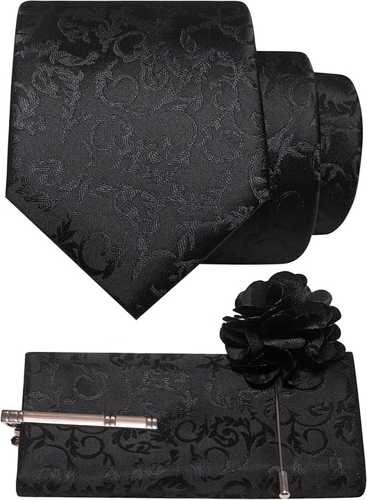 JEMYGINS Mens Floral Tie and Lapel Pin Necktie Pocket Square and Tie Clip with Sets for Business Casual 4PCS