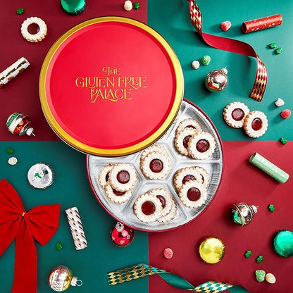 Gluten Free Palace Cookie Gift Basket – Fresh Raspberry Linzer Tart Shortbread Cookies in Tin – Birthday, Corporate, Anniversary, and Thank You Gift