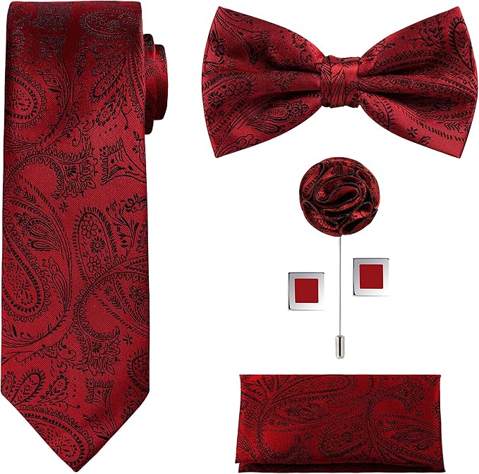 TIE G 5pcs Tie Set in WHITE OR BLACK GIFT BOX: Solid Color Necktie, Satin Bow Tie, Pocket Square, Lapel, Cuff Links