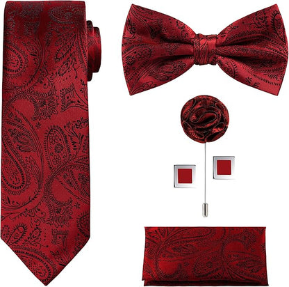 TIE G 5pcs Tie Set in WHITE OR BLACK GIFT BOX: Solid Color Necktie, Satin Bow Tie, Pocket Square, Lapel, Cuff Links