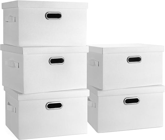 Medium 15" 21 Quart Collapsible Stackable Storage Bins with Lids, 5 Packs White Foldable Fabric Closet Storage Boxes with Lids, Lidded Heavy-duty Linen Baskets(15x11x8)