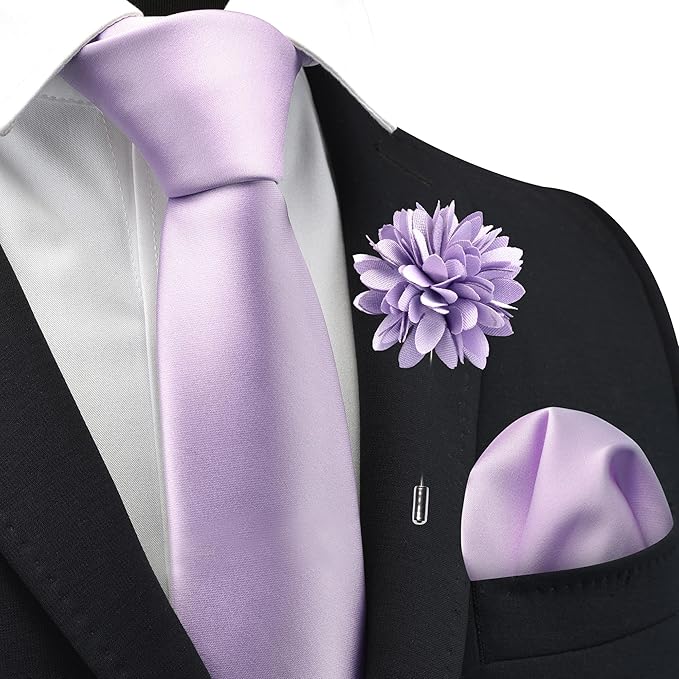 Branduce 3.15"（8cm） Pre-tied Adjustable Zipper Tie and Lapel Pin Solid Necktie Handkerchief Set for Men