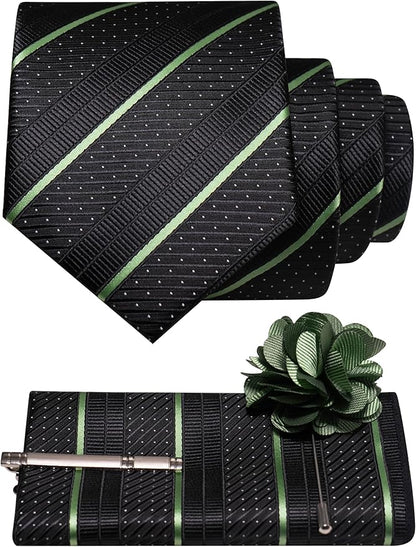 JEMYGINS Mens Striped Tie and Lapel Pin Necktie Pocket Square with Tie Clip Sets for Business Casual 4PCS