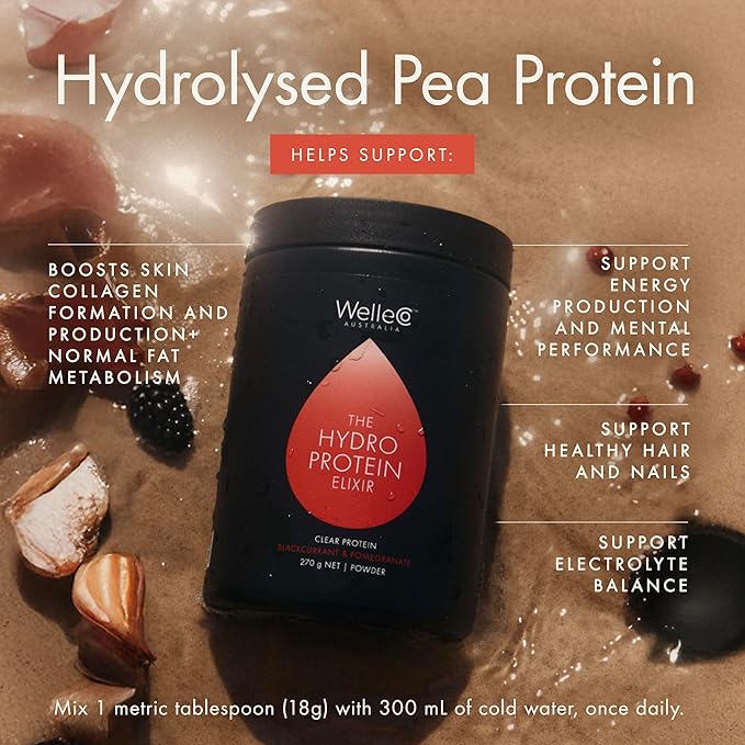 WelleCo HydroProtein Elixir, Potassium Electrolyte Powder with 15g Vegan Protein for Energy, Healthy Hair, Skin & Nails, Easy to Digest Powdered Electrolytes, Black Currant & Pomegranate, 9.5oz Jar