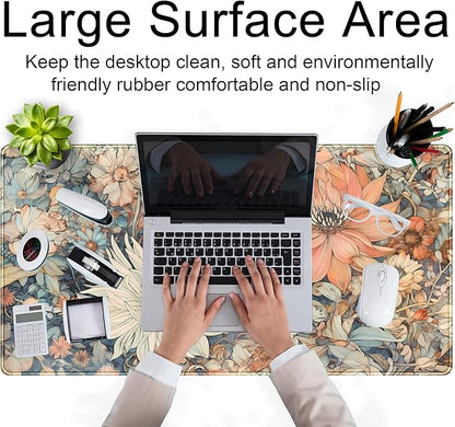 Retro Japanese Floral Mouse Pad Boho Desk Mat Aesthetic Flower Desk Matt for Desktop Large XXL Extended Gaming Deskmat, Laptop Keyboard Mouse Mat Office Decor Accessories for Women 31.5''x15.7''
