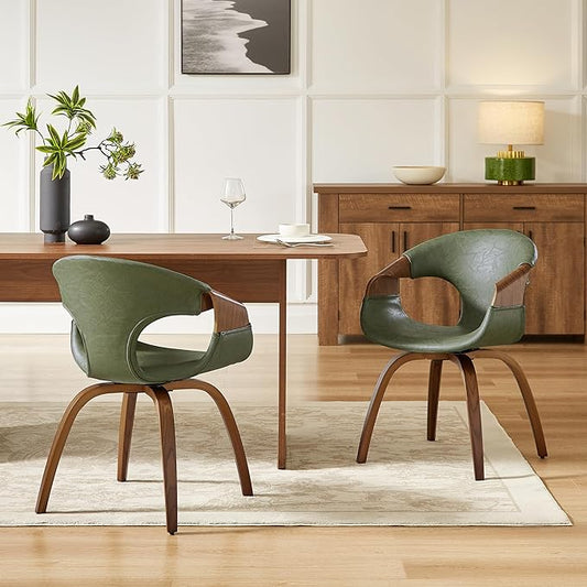 Art Leon Desk Chair No Wheels Set of 2, Mid Century Modern Office Chair, Faux Leather Upholstered Swive Chair with Wood Legs for Living Room Bedroom, Walnut Bentwood, Green/Walnut
