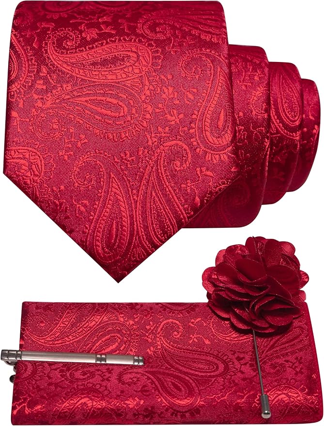 JEMYGINS Mens Paisley Tie and Lapel Pin Necktie Pocket Square and Tie Clip with Sets for Business Casual 4PCS