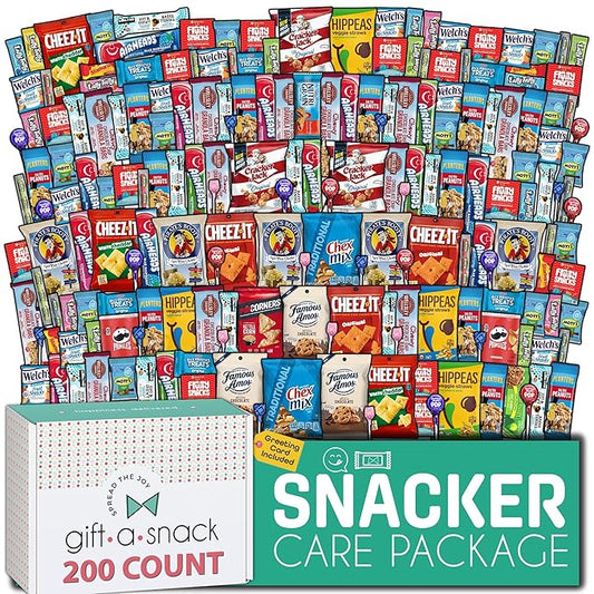 Gift A Snack - Halloween Trick or Treats Snack Box Care Package Variety Pack + Greeting Card (200 Count) Birthday Sweet Treats Gift Basket, Candies Chips Crackers Bars, Office Food Assortments