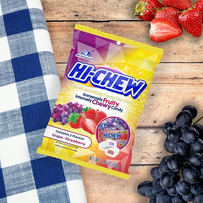 HI-CHEW Grape & Strawberry Mix, Pack of 8 Bags, 1.94oz each - Grape & Strawberry - Chewy Fun Soft Candy Variety Pack - Immensely Juicy Fruity Flavors - Individually Wrapped for Sharing