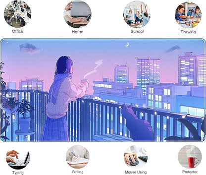 Purple Anime Kawaii Desk Mat Mousepad Cute Cat XXL Large Gaming Japanese Girly Aesthetic Mouse Pad Tokyo Street Desk Mat 31.5x15.75 in, Girl Gamer Desktop Mat Computer Laptop Keyboard Mouse Mat