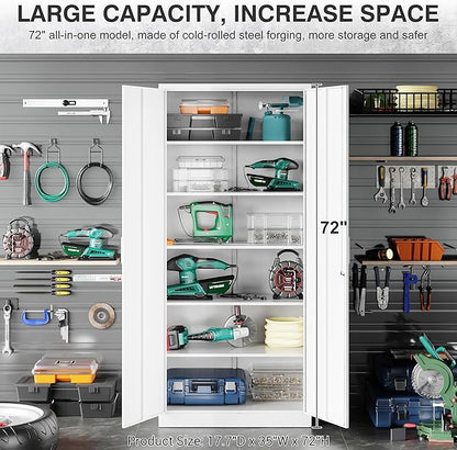 Wide & Deep Metal Storage Cabinet with 2 Doors and 5 Adjustable Shelves,White Locking Metal Cabinet,Large Garage Storage Cabinets,Lockable Tall Pantry Cabinets for Home,Office,Garage,Shop 72x36x18