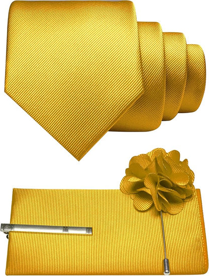 JEMYGINS Formal Necktie Solid Color Tie and Pocket Square with Tie Clip Lapel Pin Sets for Men 4PCS