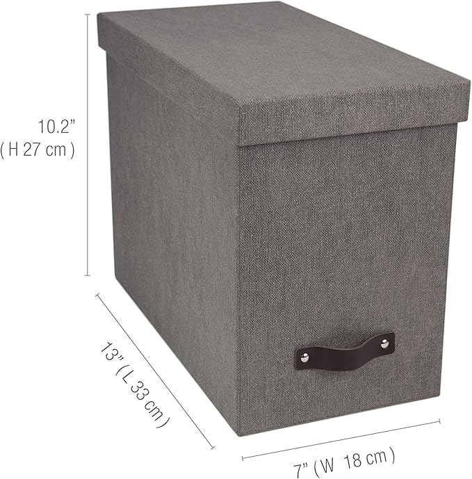 Bigso John Desktop File Box File Storage Box and Document Organizer for Important Paperwork Durable Hanging File Box with a Lid and Leather Handle 7.4’’ x 13’’ x 10.4’’ | Grey