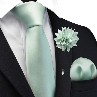 Branduce 3.15"（8cm） Pre-tied Adjustable Zipper Tie and Lapel Pin Solid Necktie Handkerchief Set for Men