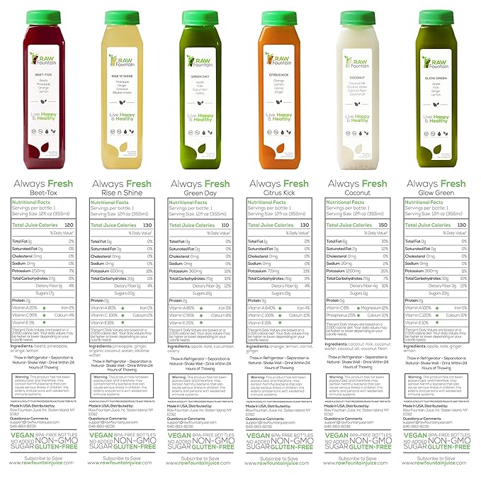 7 Day Juice Cleanse by Raw Fountain, All Natural Raw Detox Cleanse, Juicing for Body Rest, Cold Pressed Juice Fast, Great Way to Jumpstart a Healthier Diet, 42 Bottles 12oz, 7 Ginger Shots