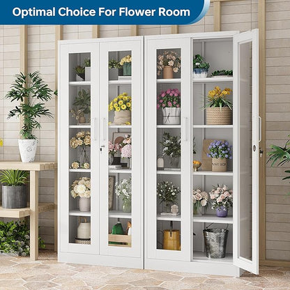 Display Storage Cabinet with Glass Door, 67 Inches Metal Curio Cabinet with 4 Adjustable Shelves, Lockable Glass Display Case for Home, Office, Clinic, Pantry, Assemble Required (White)