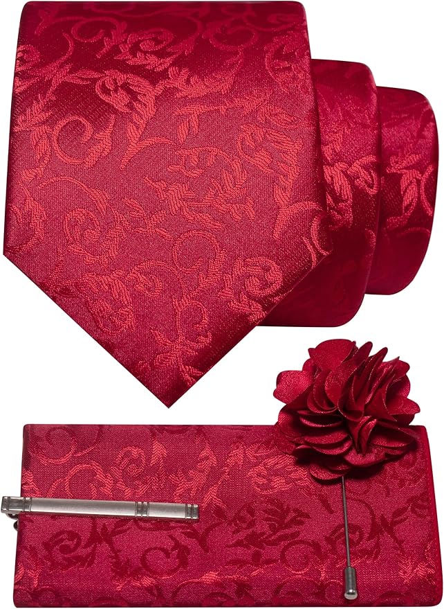 JEMYGINS Mens Floral Tie and Lapel Pin Necktie Pocket Square and Tie Clip with Sets for Business Casual 4PCS
