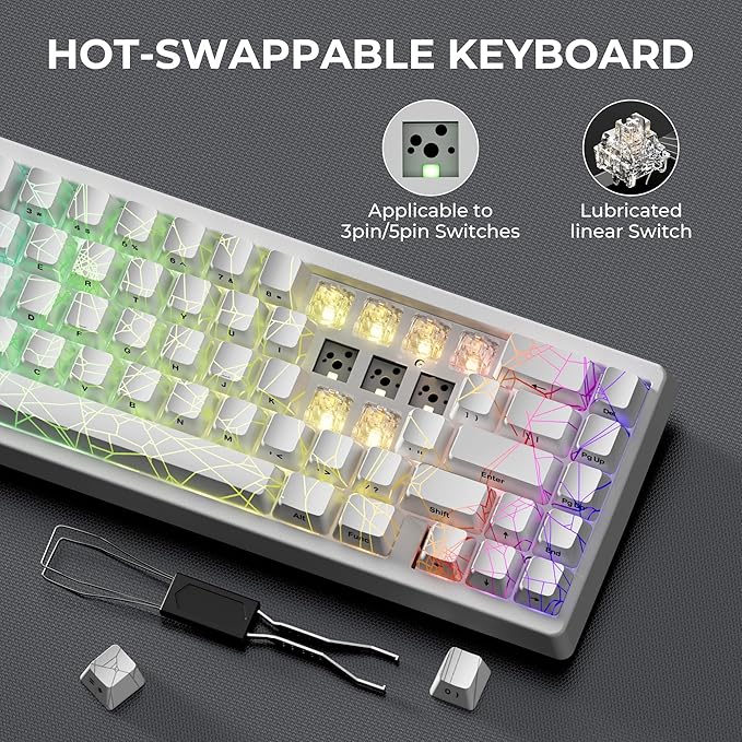 x XVX M67 Wireless 60% Percent Keyboard, QMK/VIA Gaming Keyboard, Tri-Mode Thocky Creamy Mechanical Key Board, Hot Swappable Gasket Mount RGB IMD Tech for Win/Mac, Spider Web Theme, White