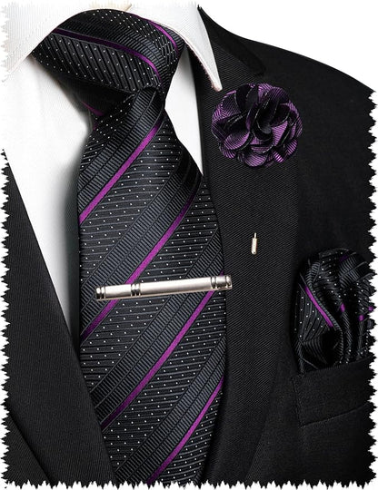 JEMYGINS Mens Striped Tie and Lapel Pin Necktie Pocket Square with Tie Clip Sets for Business Casual 4PCS