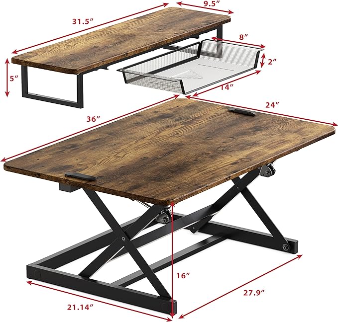 SHW 36-Inch Height Adjustable Standing Desk Converter Sit to Stand Riser Workstation, Rustic Brown
