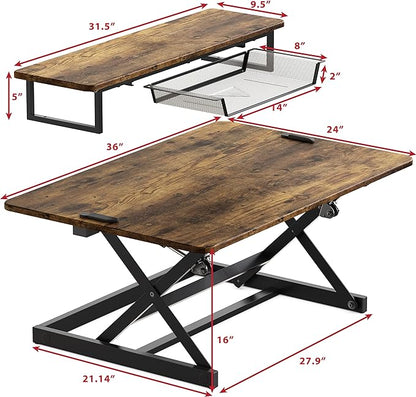 SHW 36-Inch Height Adjustable Standing Desk Converter Sit to Stand Riser Workstation, Rustic Brown