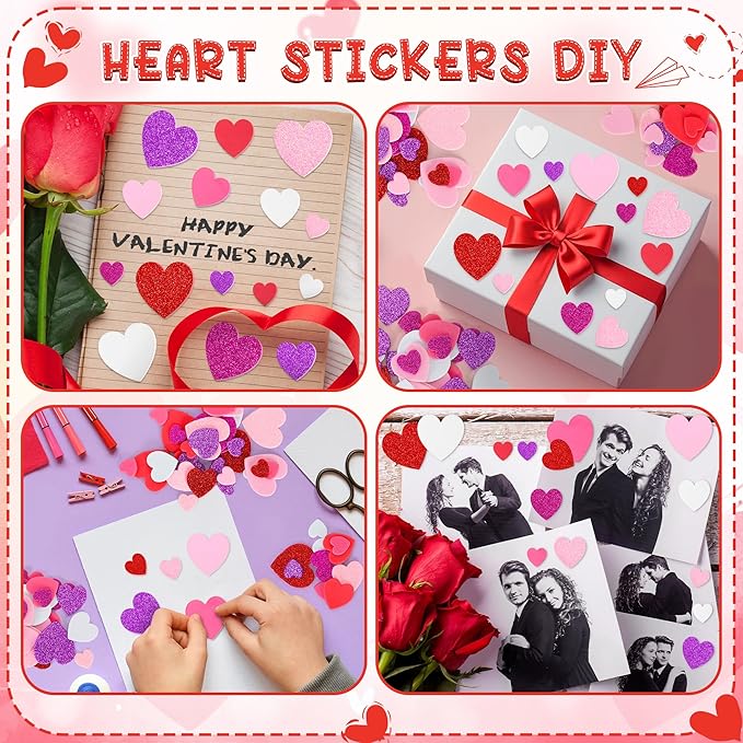 300 PCS Valentines Stickers, Heart Foam Valentine Decor, Self-Adhesive Heart Stickers, Glitter Matte Foam Hearts for Crafts Adults Valentine Stickers Wedding Birthday Cards DIY Crafts