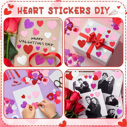 300 PCS Valentines Stickers, Heart Foam Valentine Decor, Self-Adhesive Heart Stickers, Glitter Matte Foam Hearts for Crafts Adults Valentine Stickers Wedding Birthday Cards DIY Crafts