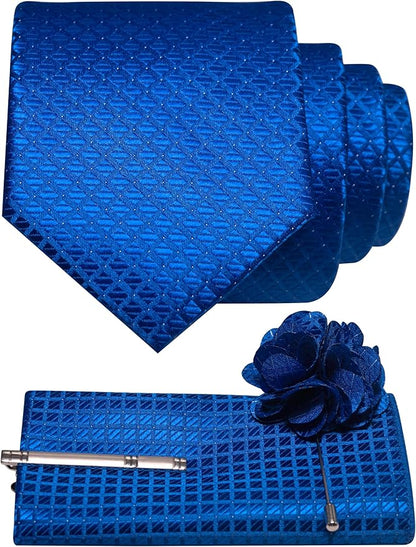 JEMYGINS Mens Solid Color Plaid Tie and Lapel Pin Necktie Pocket Square and Tie Clip with Sets for Business Casual 4PCS