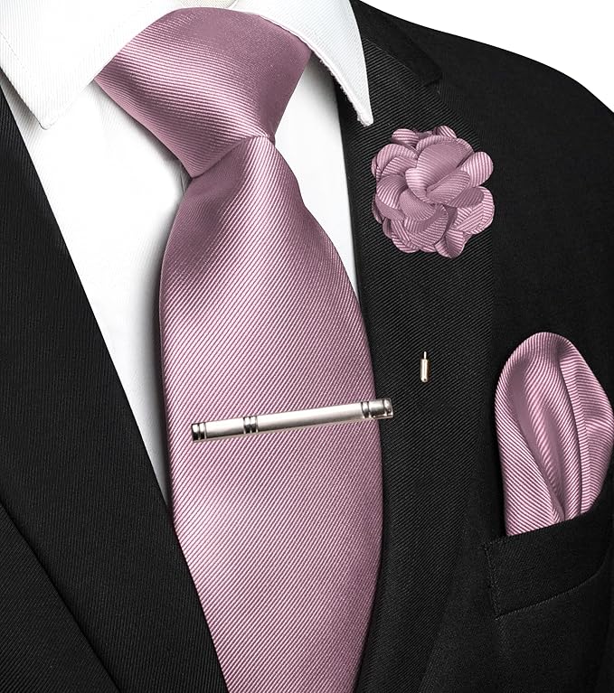JEMYGINS Formal Necktie Solid Color Tie and Pocket Square with Tie Clip Lapel Pin Sets for Men 4PCS
