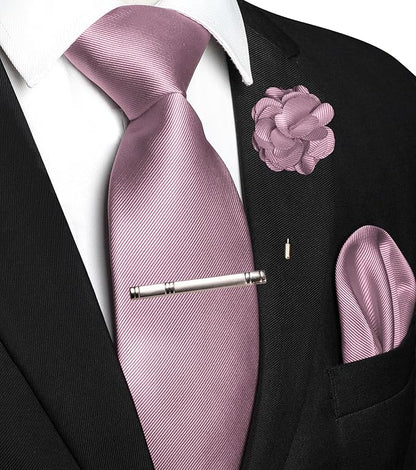 JEMYGINS Formal Necktie Solid Color Tie and Pocket Square with Tie Clip Lapel Pin Sets for Men 4PCS