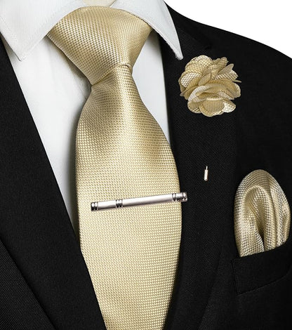 JEMYGINS Mens Tie and Lapel Pin with Pocket Square Tie Clip Sets for Casual and Business 4PCS