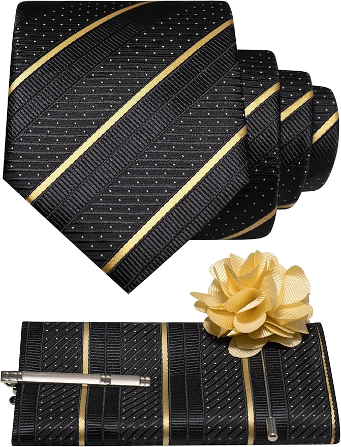 JEMYGINS Mens Striped Tie and Lapel Pin Necktie Pocket Square with Tie Clip Sets for Business Casual 4PCS