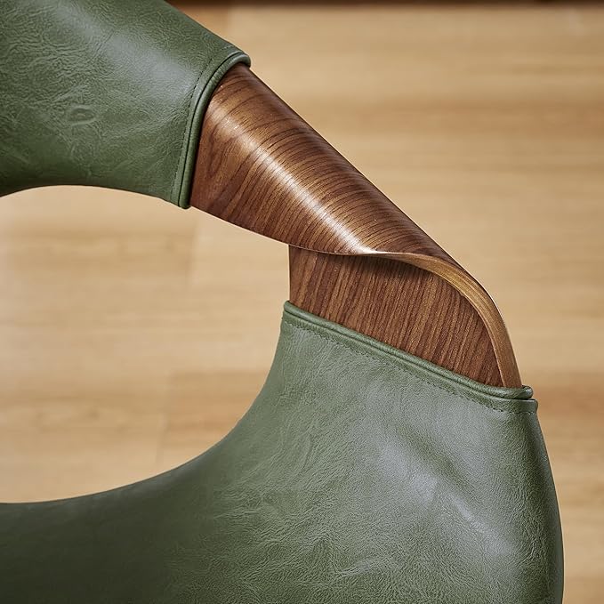 Art Leon Desk Chair No Wheels Set of 2, Mid Century Modern Office Chair, Faux Leather Upholstered Swive Chair with Wood Legs for Living Room Bedroom, Walnut Bentwood, Green/Walnut