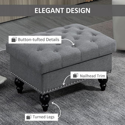 HOMCOM Ottoman with Storage for Living Room, 25" Storage Ottoman with Removable Lid, Button-Tufted Fabric Bench for Footrest and Seat with Wood Legs, Gray