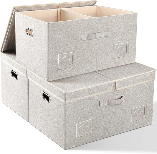 75 Quarts Extra Large Decorative Storage Bins with Lids, 3 Packs Beige Collapsible Storage Bins with Lids, Stackable Storage Bins Decorative Box Storage With Lid Extra Large