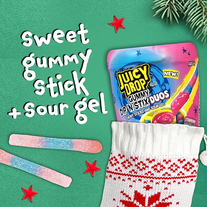Juicy Drop Gummy Dip 'N Stix Assorted Christmas Candy Variety Pack, Sweet Gummy Sticks W/ Sour Dipping Gel, 8Ct, Sour Candy Pack for Party Favors, Stocking Stuffers, Kids Gifts