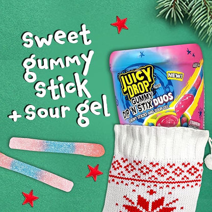 Juicy Drop Gummy Dip 'N Stix Assorted Christmas Candy Variety Pack, Sweet Gummy Sticks W/ Sour Dipping Gel, 8Ct, Sour Candy Pack for Party Favors, Stocking Stuffers, Kids Gifts