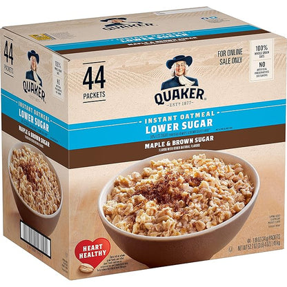Quaker Instant Oatmeal Lower Sugar, Maple & Brown Sugar, 1.19 Oz, Pack of 44