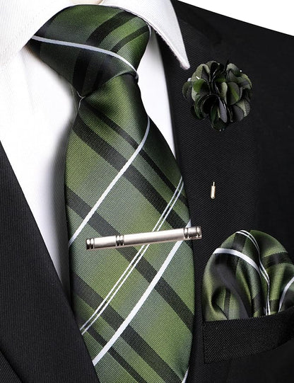 JEMYGINS Mens Striped Tie and Pocket Square with Tie Clip Lapel Pin Set 4PCS