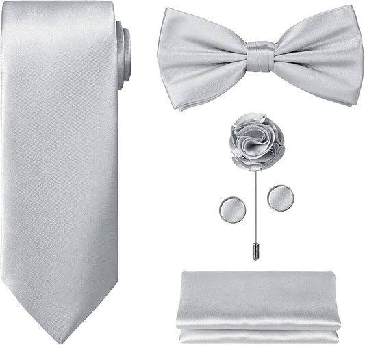 TIE G 5pcs Tie Set in WHITE OR BLACK GIFT BOX: Solid Color Necktie, Satin Bow Tie, Pocket Square, Lapel, Cuff Links