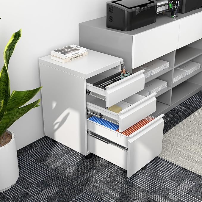 SUXXAN 3 Drawer Mobile File Cabinet with Lock, Under Desk Metal Filing Cabinet for Office,Home,A4/Legal/Letter Size, Fully Assembled (White)