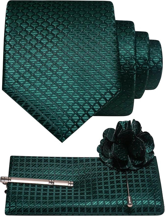 JEMYGINS Mens Solid Color Plaid Tie and Lapel Pin Necktie Pocket Square and Tie Clip with Sets for Business Casual 4PCS