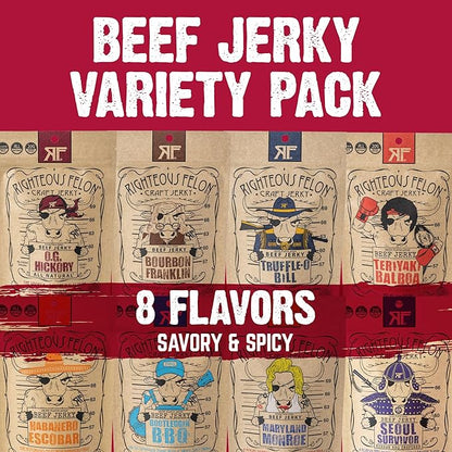 Righteous Felon Beef Jerky & Meat Sticks Variety Pack | Gluten Free Beef Jerky Snack Packs for Adults | High Protein, Keto, Low Sugar | Made with Premium Meats | Gifts for Men | 11 Pack Sampler