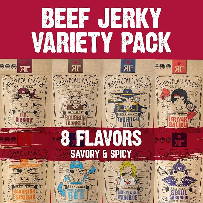 Righteous Felon Beef Jerky Variety Pack | Gluten Free Beef Jerky Snack Packs for Adults | High Protein, Keto-Friendly, Low Sugar | Made with Premium Meats | Gifts for Men | Sampler 8 Pack