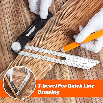 10Inch Woodworking Square Ruler and T-Bevel Gauge Set - 1/16" Precision,Sliding T-Bevel and T Measurements Ruler, Aluminum Handle Carpenter Square Layout Tool for Woodworking -Imperial…
