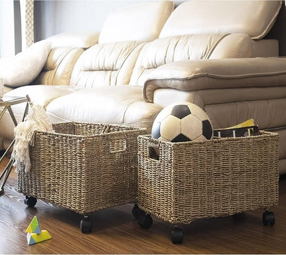 PEMAR Set 2 Nesting Natural Wicker Rolling Storage Baskets on Wheels w Insert Handles, Under Table Under Desk Woven Storage Bins, Mobile File Cabinet Organiser (Seagrass, Sizes M, L Nesting)